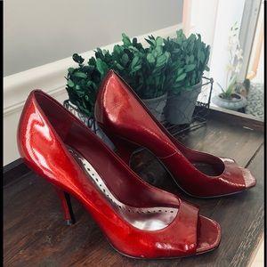 BCBG Patent Leather Peep Toe
Heels, Ruby Red Pumps, Sandals